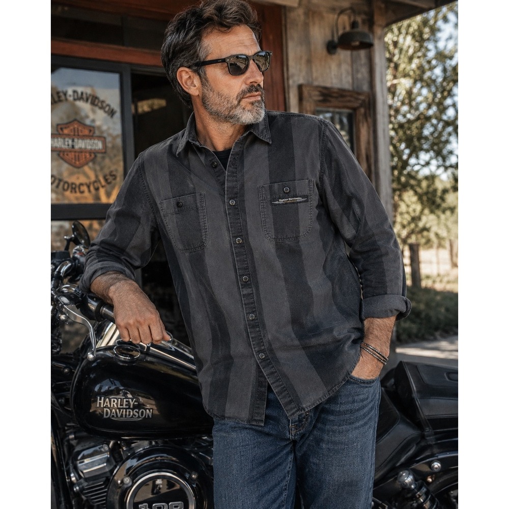 Harley-Davidson Mens Large Striped Button Up Shirt Black Gray Biker Motorcycle
